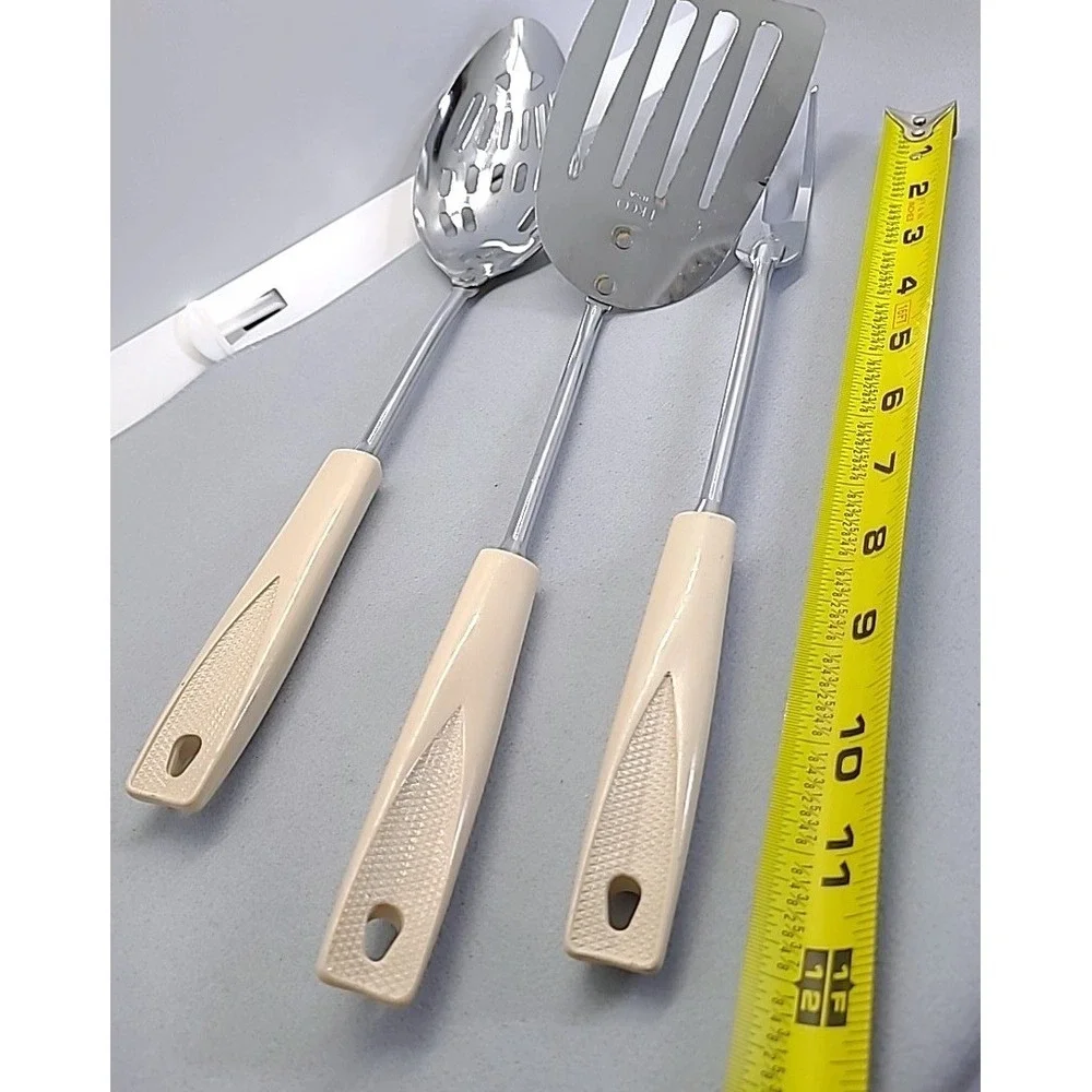 Vintage EKCO‎ Kitchen Utensil Set 3pc Cream Handle Spatula Fork Spoon USA